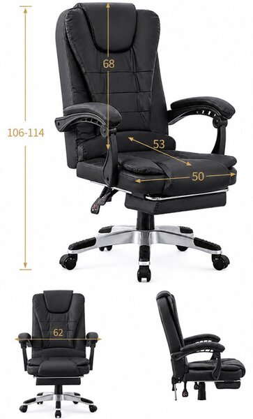 Scaun de birou cu 2 zone de masaj, suport picioare retractabil, spatar inclinabil, piele eco
