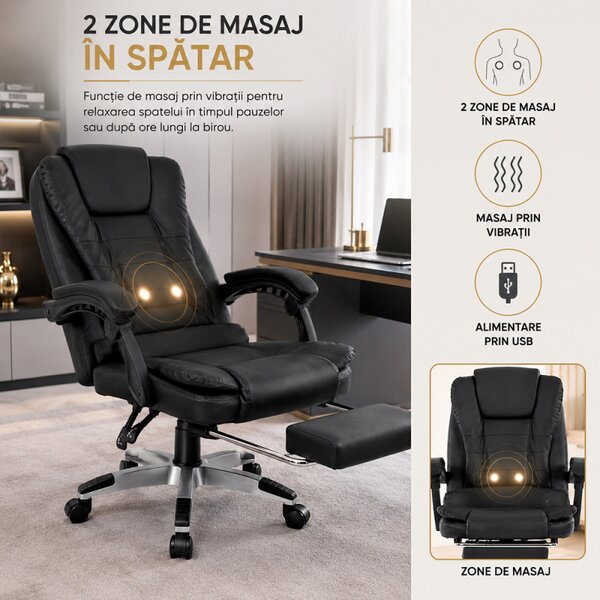 Scaun de birou cu 2 zone de masaj, suport picioare retractabil, spatar inclinabil, piele eco