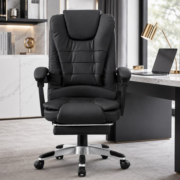 Scaun de birou cu 2 zone de masaj, suport picioare retractabil, spatar inclinabil, piele eco