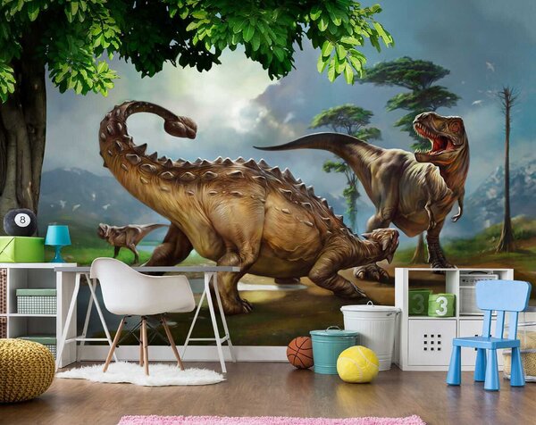 Fototapet Pictură de dinozauri lângă un râu, Fototapet animale, Fototapet populare, u28674 - Tapeko.ro