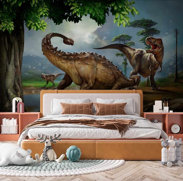 Fototapet Pictură de dinozauri lângă un râu, Fototapet animale, Fototapet populare, u28674 - Tapeko.ro