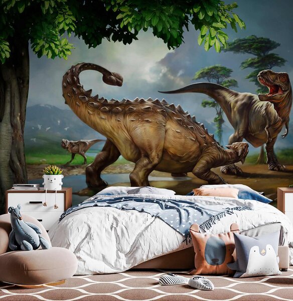 Fototapet Pictură de dinozauri lângă un râu, Fototapet animale, Fototapet populare, u28674 - Tapeko.ro