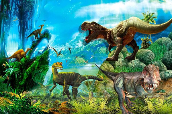 Fototapet Grup de dinozauri într-o pădure, Fototapet animale, Fototapet populare, u35232 - Tapeko.ro