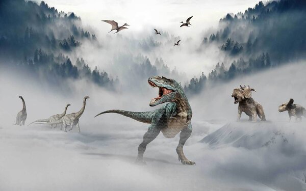 Fototapet Grup de dinozauri în zăpadă, Fototapet animale, Fototapet populare, u43363 - Tapeko.ro