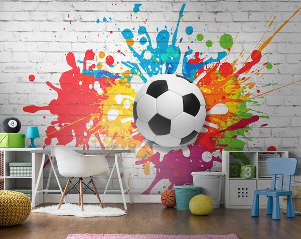 Fototapet Mingea de fotbal pe un perete de cărămidă, Fototapet 3D, Fototapet populare, u64587 - Tapeko.ro