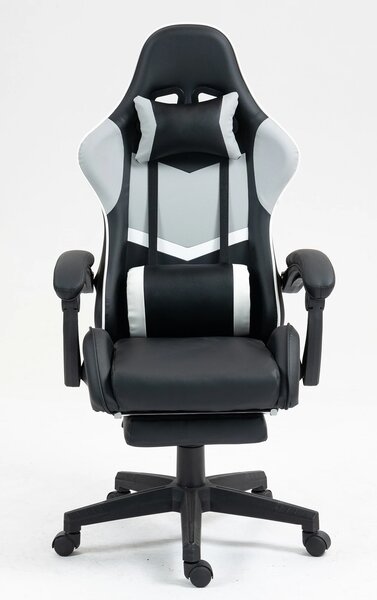Scaun gaming, perne suport lombar si cervical, suport picioare, piele PU, Negru