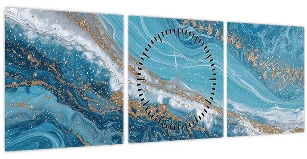 Tablou - Marmură bleu cu aur I. (cu ceas) (90x30 cm)
