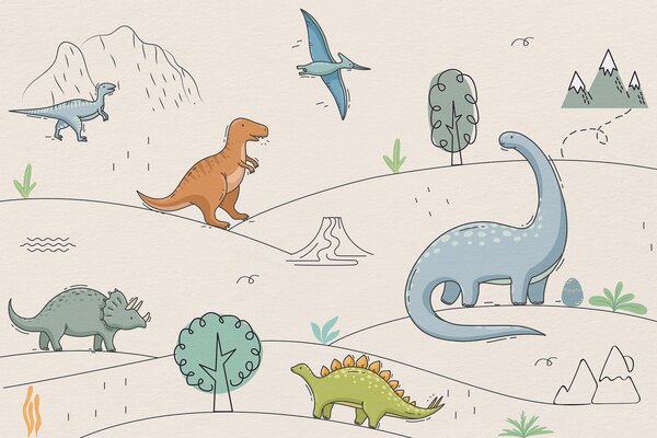 Fototapet Un desen de dinozauri și munți, Fototapet dinozauri, Fototapet populare, w00637 - Tapeko.ro