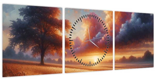 Tablou – Apus de soare pe câmp (cu ceas) (90x30 cm)