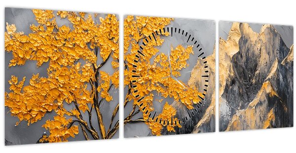 Tablou – Arbore auriu în munți (cu ceas) (90x30 cm)