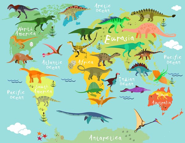 Fototapet Harta dinozaurilor cu text alb, Fototapet dinozauri, Fototapet populare, u50382 - Tapeko.ro