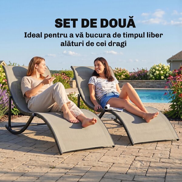 Set 2 Sezlonguri de Gradina Outsunny Pliabile, Aluminiu si Textilen, Kaki, 61x165x63cm | Aosom Romania