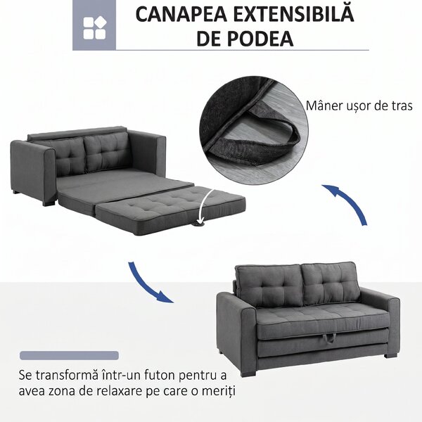 HOMCOM Canapea Extensibilă din Material Textil 2 Locuri cu Capitonaj și Arcuri, 151x75x85 cm, Gri | Aosom Romania