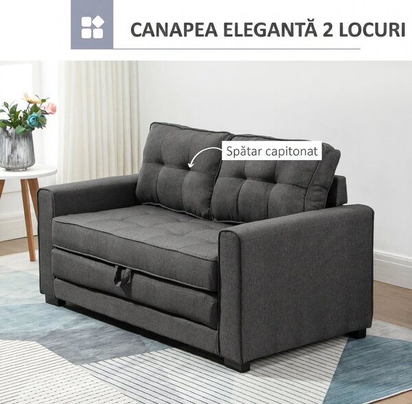HOMCOM Canapea Extensibilă din Material Textil 2 Locuri cu Capitonaj și Arcuri, 151x75x85 cm, Gri | Aosom Romania