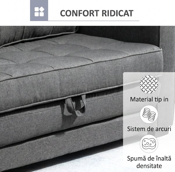 HOMCOM Canapea Extensibilă din Material Textil 2 Locuri cu Capitonaj și Arcuri, 151x75x85 cm, Gri | Aosom Romania