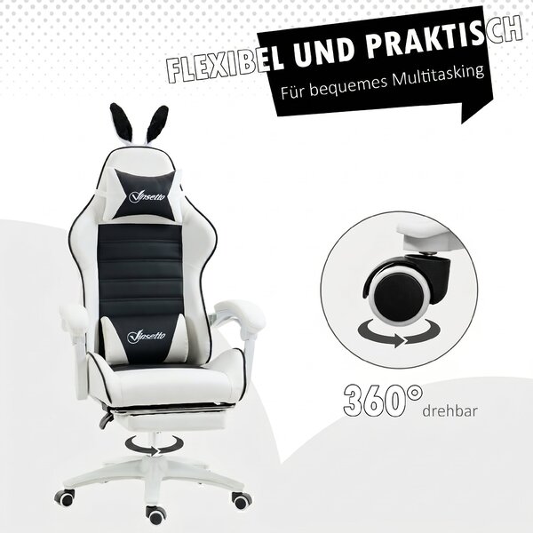 Vinsetto scaun gaming cu urechi de iepuraș, suport pentru picioare, perne, reclinabil și cu înălțime reglabilă, negru | Aosom Romania
