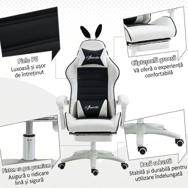 Vinsetto scaun gaming cu urechi de iepuraș, suport pentru picioare, perne, reclinabil și cu înălțime reglabilă, negru | Aosom Romania