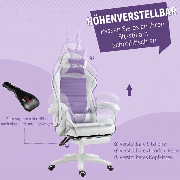 Vinsetto Scaun Gaming cu Urechi de Iepuraș, Suport pentru Picioare, Perne, Reglabil și Reclinabil, Mov | Aosom Romania