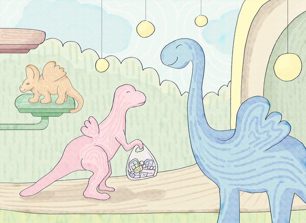 Fototapet Desen animat de dinozauri care transportă o geantă, Fototapet dinozauri, Fototapet populare, t00288 - Tapeko.ro