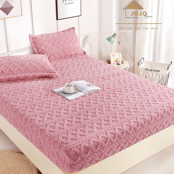 Husa de pat, 2 persoane, cocolino, Tricotaj, 3 piese, cu elastic, 180x200cm, roz , HPC507
