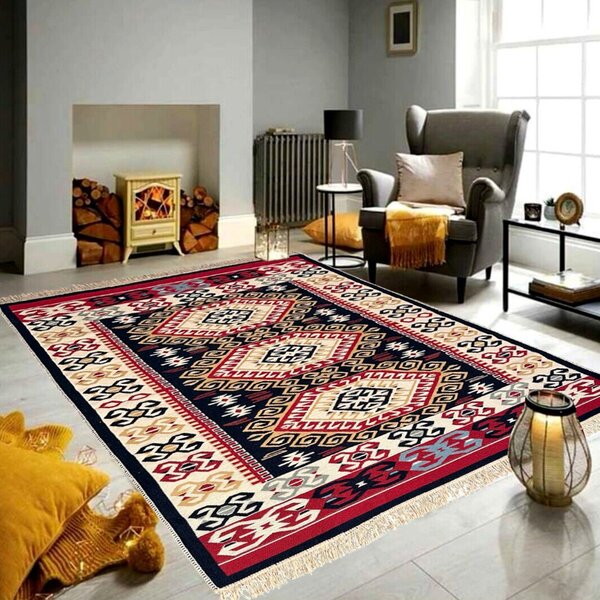Covor Traditional Tesut cu 2 Fete, 60x200 cm, Model Kilim Etnic Multicolor