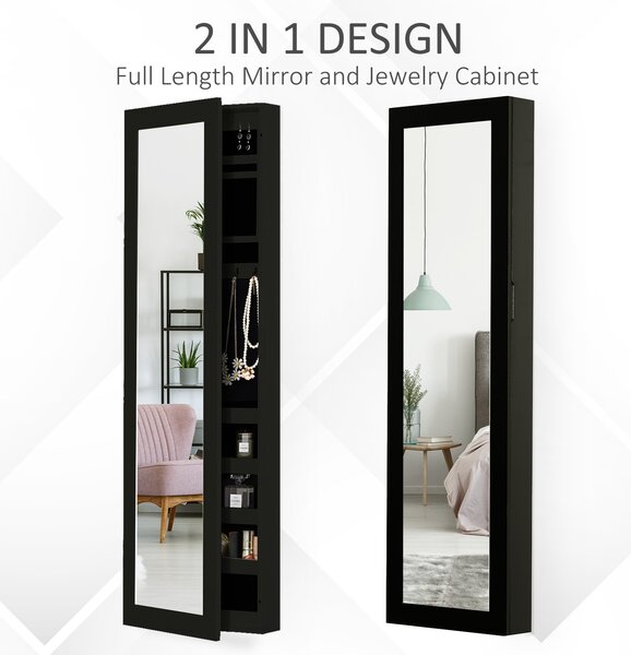 HOMCOM Dulap pentru Bijuterii cu Oglindă, Montare pe Perete, din Lemn MDF, Negru, 37x9.5x121 cm | Aosom Romania