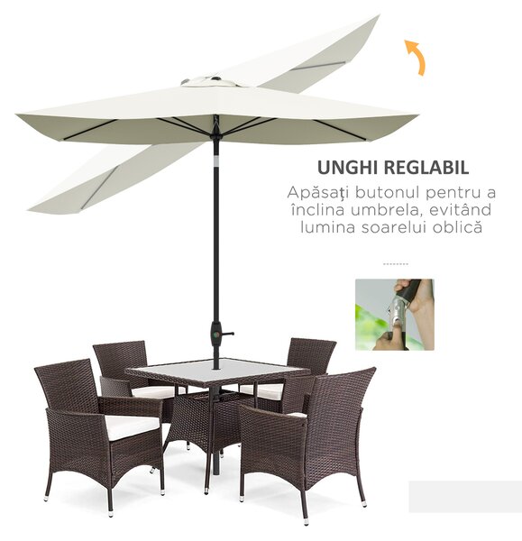 Outsunny Umbrelă Dreptunghiulară pentru Grădină, Protecție UV 50+, Deschidere cu Manivelă, Inclinare Ajustabilă, 200x300cm, Bej | Aosom Romania