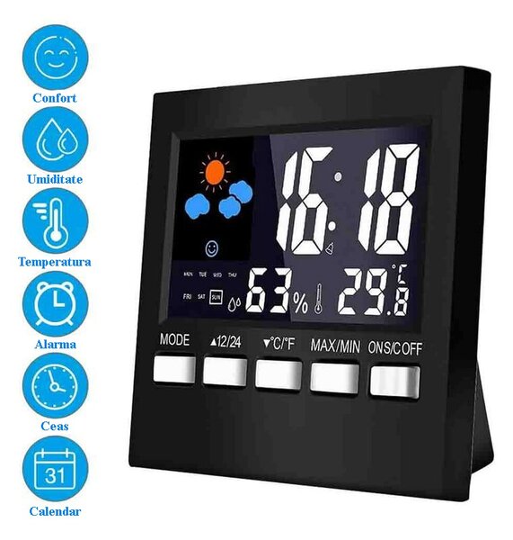 Ceas digital multifunctional de birou, control vocal, functie statie meteo, ecran LCD, calendar, alarma
