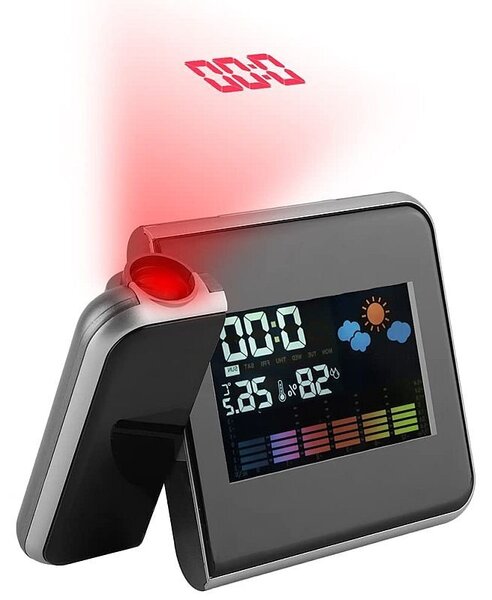 Ceas de birou, proiector cu LED reglabil, ecran LCD, alarma, data, statie meteo de interior