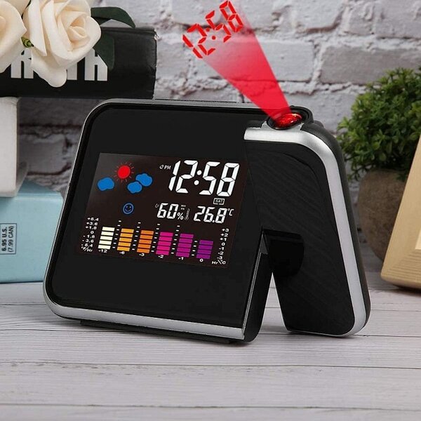 Ceas de birou, proiector cu LED reglabil, ecran LCD, alarma, data, statie meteo de interior