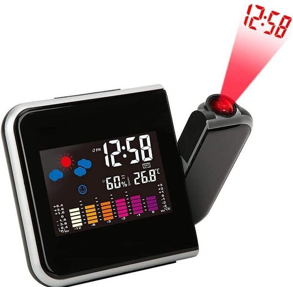 Ceas de birou, proiector cu LED reglabil, ecran LCD, alarma, data, statie meteo de interior