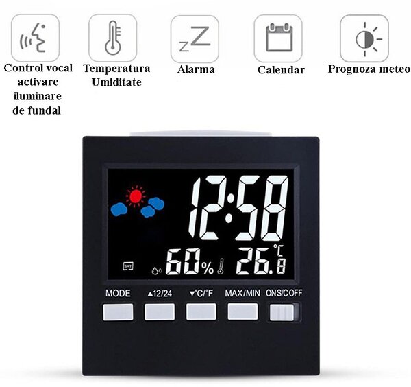 Ceas digital multifunctional de birou, control vocal, functie statie meteo, ecran LCD, calendar, alarma