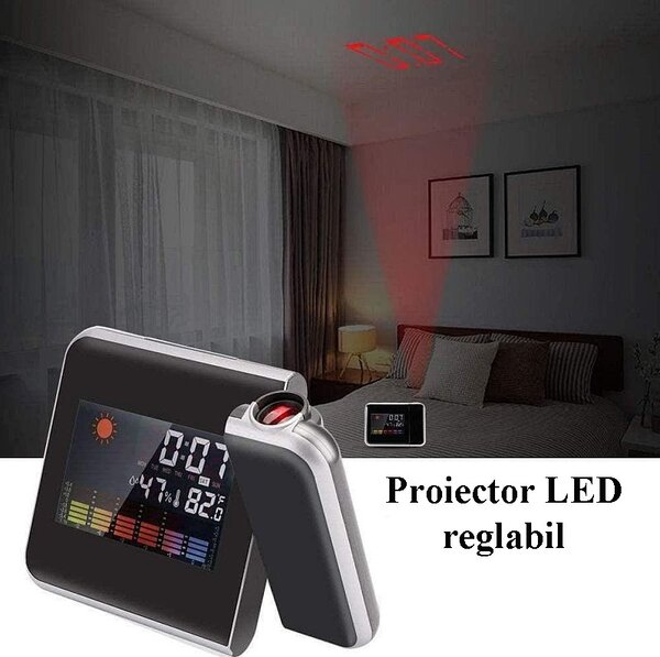 Ceas de birou, proiector cu LED reglabil, ecran LCD, alarma, data, statie meteo de interior