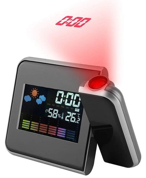 Ceas de birou, proiector cu LED reglabil, ecran LCD, alarma, data, statie meteo de interior