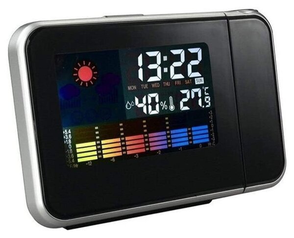 Ceas de birou, proiector cu LED reglabil, ecran LCD, alarma, data, statie meteo de interior