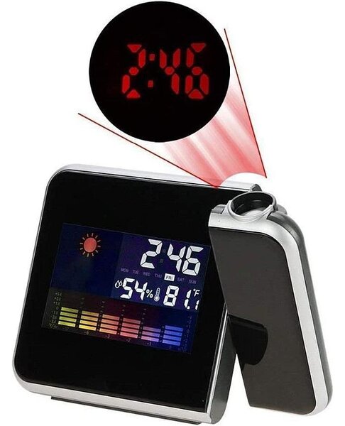 Ceas de birou, proiector cu LED reglabil, ecran LCD, alarma, data, statie meteo de interior