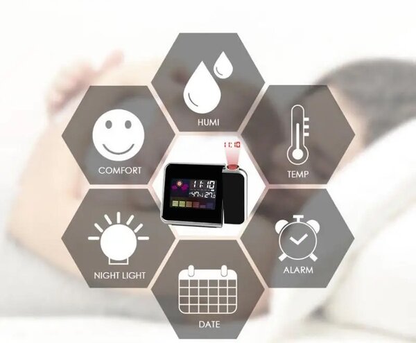 Ceas de birou, proiector cu LED reglabil, ecran LCD, alarma, data, statie meteo de interior