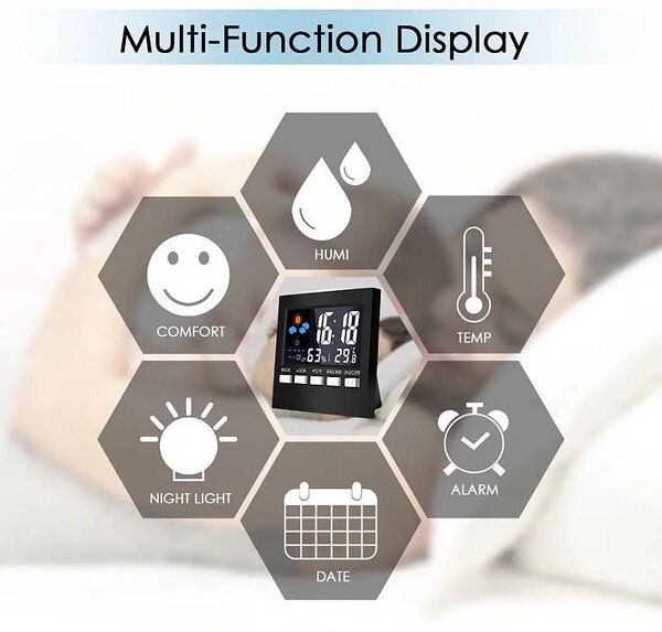 Ceas digital multifunctional de birou, control vocal, functie statie meteo, ecran LCD, calendar, alarma