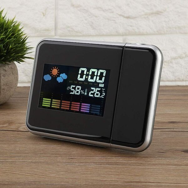 Ceas de birou, proiector cu LED reglabil, ecran LCD, alarma, data, statie meteo de interior