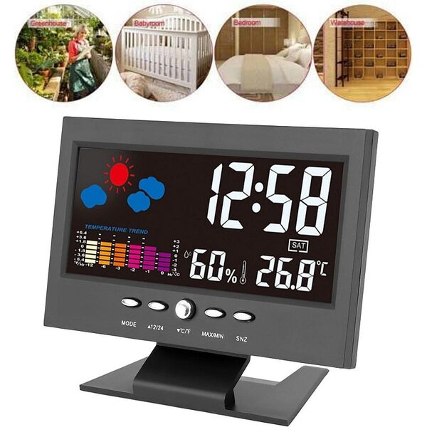 Ceas digital cu termometru si higrometru, control vocal, statie meteo, alarma, snooze, senzor de sunet, ecran LCD
