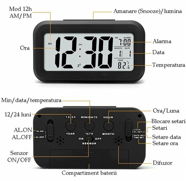Ceas digital de birou, afisaj LCD, temperatura interior, alarma, data, iluminare de fundal