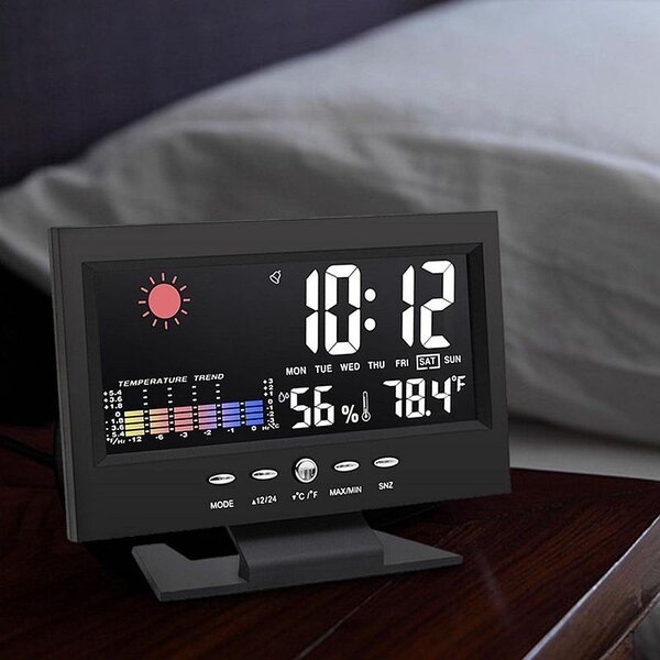 Ceas digital cu termometru si higrometru, control vocal, statie meteo, alarma, snooze, senzor de sunet, ecran LCD