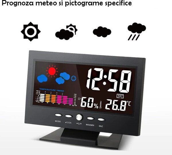 Ceas digital cu termometru si higrometru, control vocal, statie meteo, alarma, snooze, senzor de sunet, ecran LCD