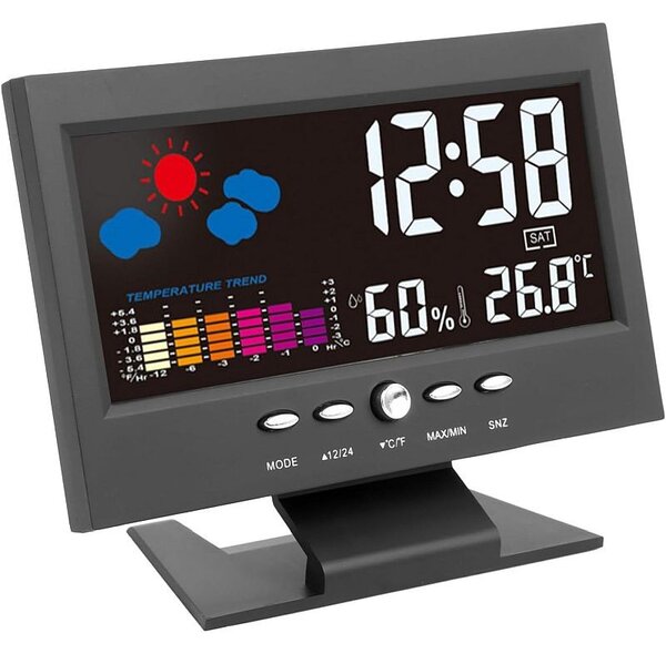 Ceas digital cu termometru si higrometru, control vocal, statie meteo, alarma, snooze, senzor de sunet, ecran LCD