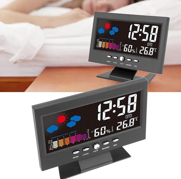 Ceas digital cu termometru si higrometru, control vocal, statie meteo, alarma, snooze, senzor de sunet, ecran LCD