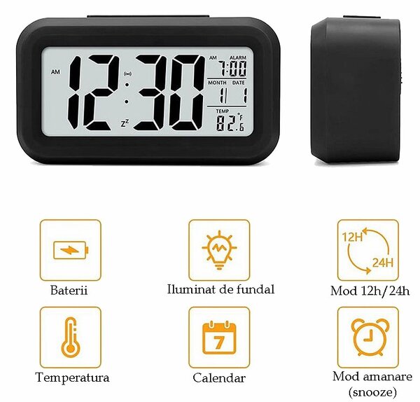 Ceas digital de birou, afisaj LCD, temperatura interior, alarma, data, iluminare de fundal