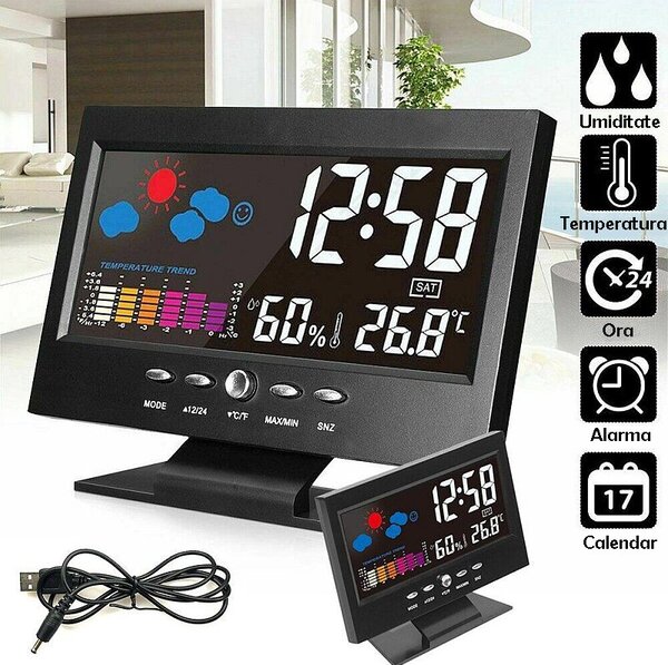Ceas digital cu termometru si higrometru, control vocal, statie meteo, alarma, snooze, senzor de sunet, ecran LCD