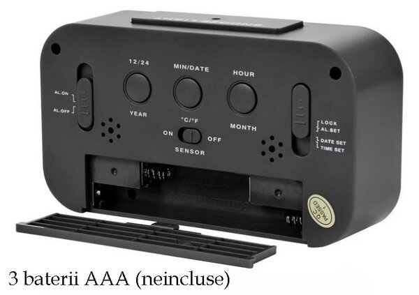 Ceas digital de birou, afisaj LCD, temperatura interior, alarma, data, iluminare de fundal