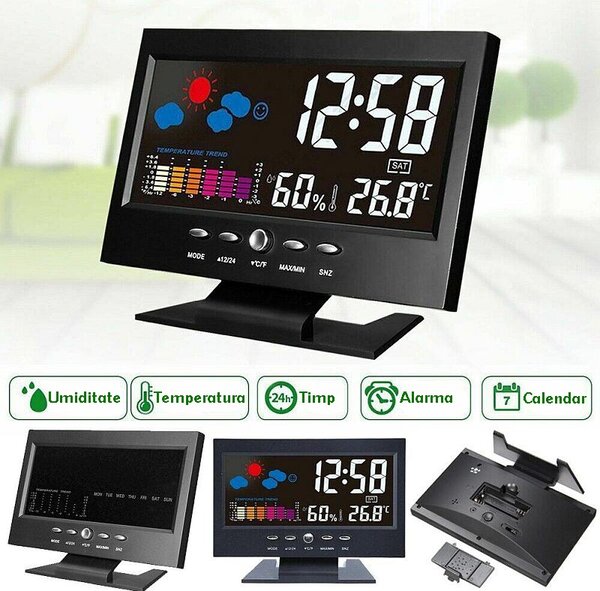 Ceas digital cu termometru si higrometru, control vocal, statie meteo, alarma, snooze, senzor de sunet, ecran LCD