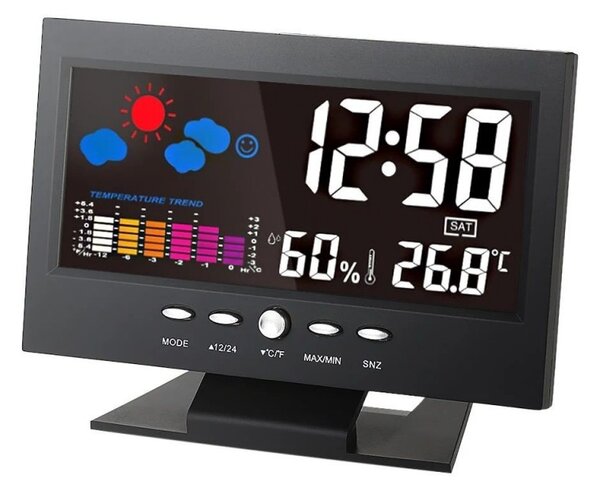 Ceas digital cu termometru si higrometru, control vocal, statie meteo, alarma, snooze, senzor de sunet, ecran LCD
